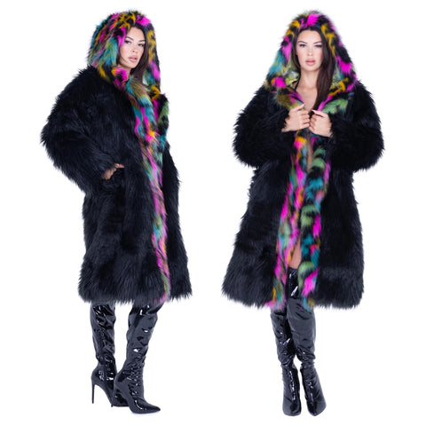 *LMT EDT* Black Rainbow MID-LENGTH HOODED FUR COAT *CRR x J.Valentine*