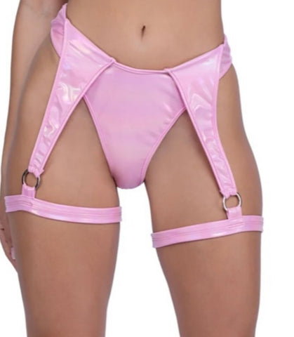 6444 - Metallic Iridescent Shorts w/ Attached Leg Strap (Avail: Pink, White)