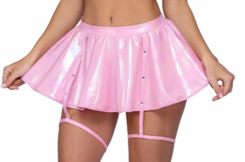 6455 - Metallic Iridescent Skirt with Attached Rhinestone Detail Straps (Avail Pink,White)