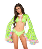 JR198 - Faux Fur Trimmed Sequin Bell-Sleeve Shrug