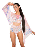 JR171 - Fishnet/Mesh Sequin Flair Sleeve Top (Pink, Blue, Lavender)