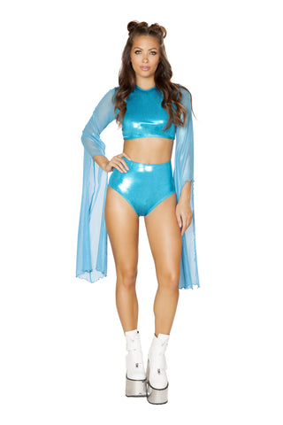 *ICE QUEEN* Crop Top with Flared Sheer Sleeves (Color: Turquoise)