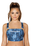 *ICE QUEEN* Denim Print Crop Top with Pocket Front and Overall Buckle Detail (Color: Blue)