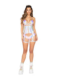 *HOLOGRAPHIC GLOW* Lace-Up Waist Cincher with Attached Garters (Color: Pink)