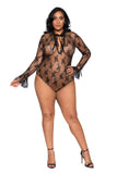 LI248 - Roma Confidential Plus Size Lingerie Elegant Long Sleeved Keyhole Teddy with Ruffle Detail & Snap Bottom Wholesale