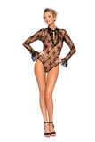 LI248 - Roma Confidential Lingerie Elegant Long Sleeved Keyhole Teddy with Ruffle Detail & Snap Bottom Wholesale 