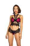 Roma Confidential LI331 3pc Cutesy Harness Lingerie Set Elegant 3 Piece Two Tone Black and Pink Polka Dot Bra with a See-Through Harness and a Black Lace Panty