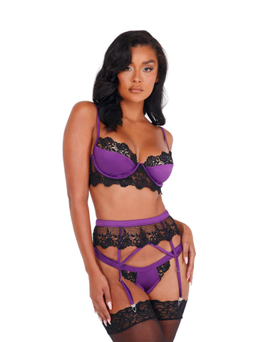 LI406 - 3pc Embroidered Lace & Satin Bralette Garter Set