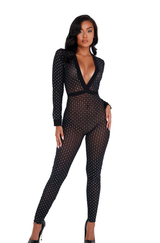 *DEAD CUTE* Sheer Glittered Bodysuit with Cuffs (Color: Black)
