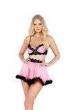 LI479 - 2PC Satin Underwire Bralette & Skirt Set with Faux Fur Detail